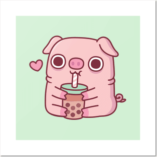 Cute Chubby Piggy Loves Drinking Bubble Tea Posters and Art